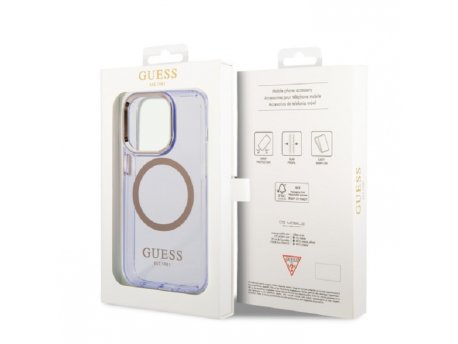 Guess Maska za iPhone 14 Pro GOLD OUTLINE TRANSLUCENT Purple MagSafe