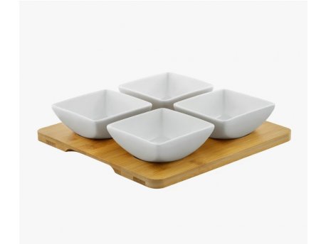 DAJAR Porcelanski set 4 črtvrtaste činije sa daskom od bambusa DJ45577